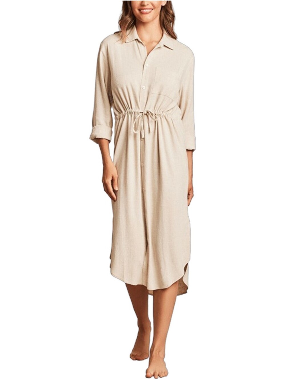 Barefoot Dreams NWT Linen Blend Cinched Shirtdress Small Heathered Bisque $198